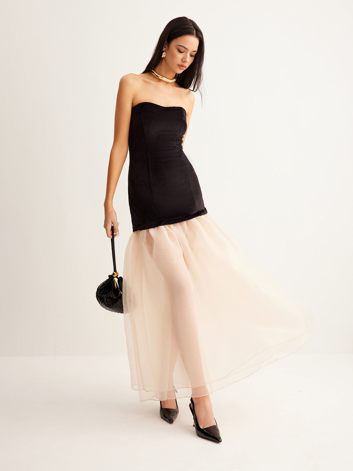 Semi-Sheer Velvet Panel Mesh Tube Dress