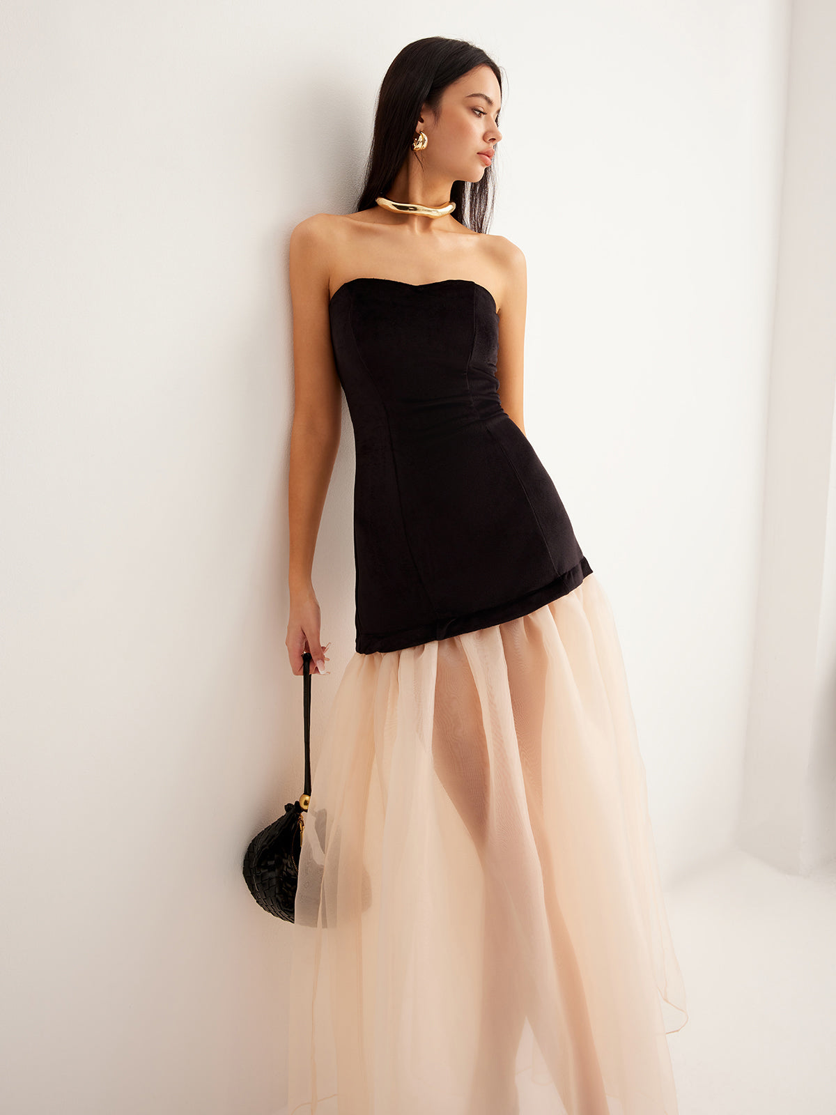 Semi-Sheer Velvet Panel Mesh Tube Dress