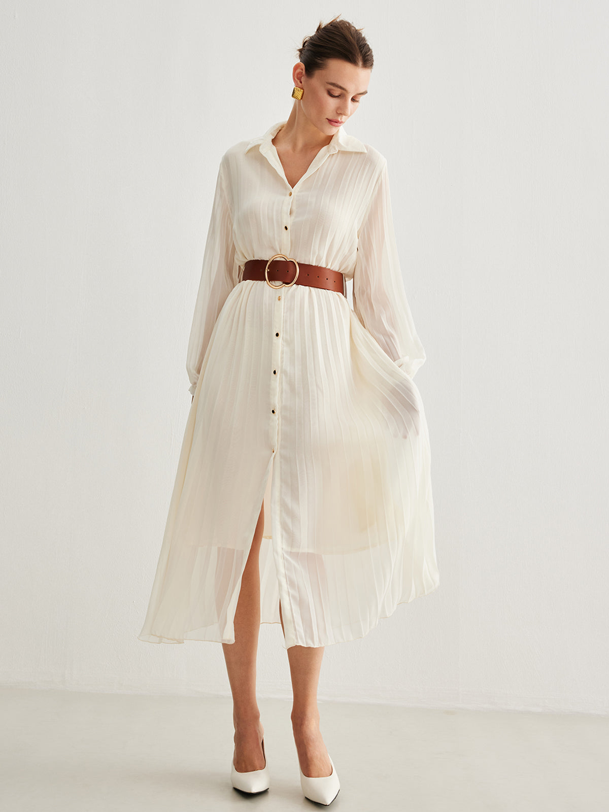 Semi-Sheer Chiffon Button Pleated Dress With Belt