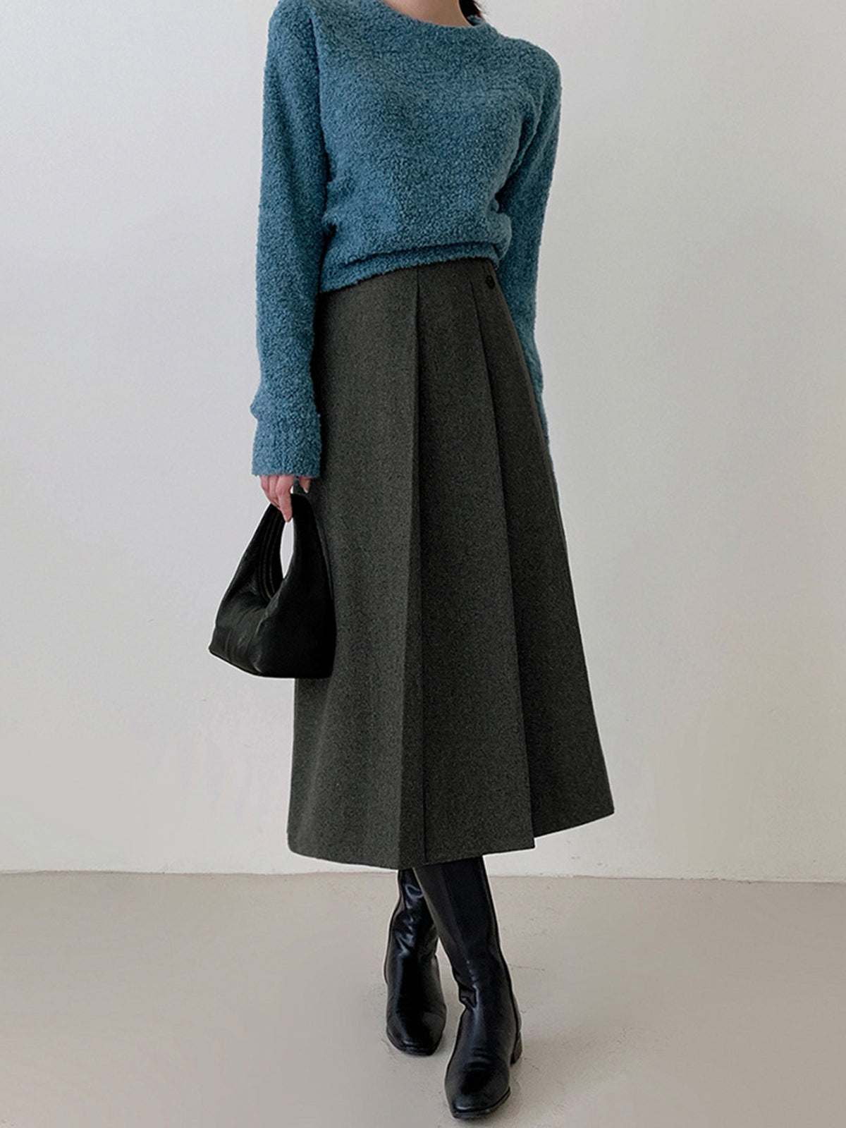 Tweed-Plissee-Midirock mit Knöpfen 