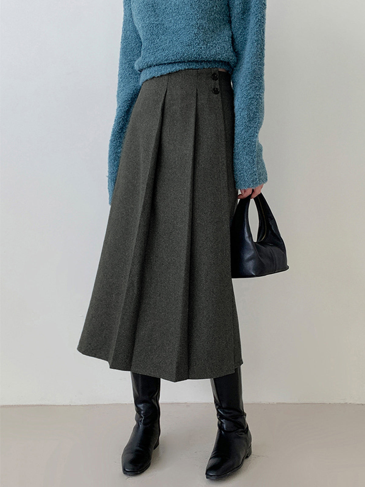 Tweed-Plissee-Midirock mit Knöpfen 