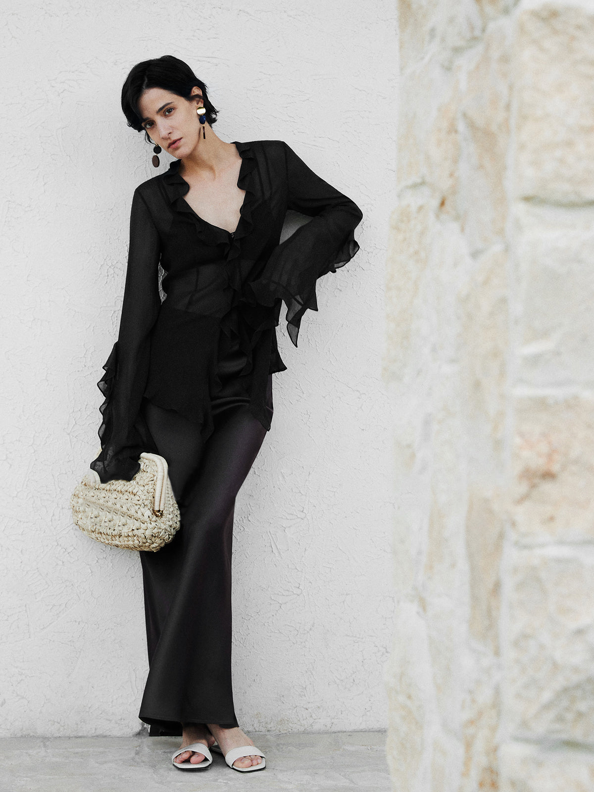 Semi-Sheer Ruffle Split Thin Blouse