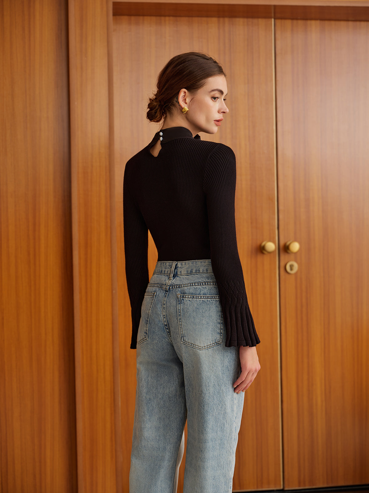 Haut en maille à manches cloche et nœud décoratif 