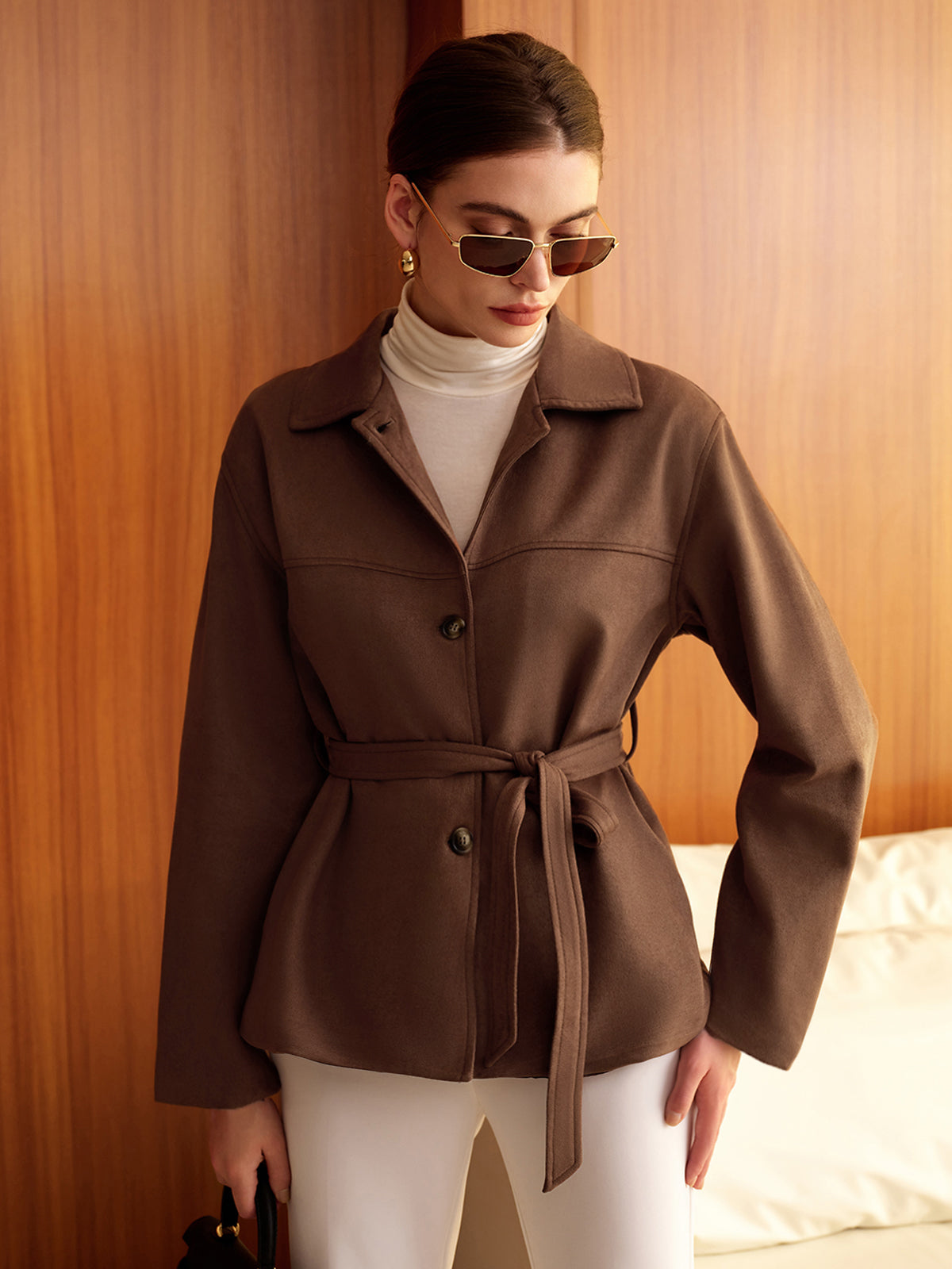 Belted Suede Effect Polo Jacket