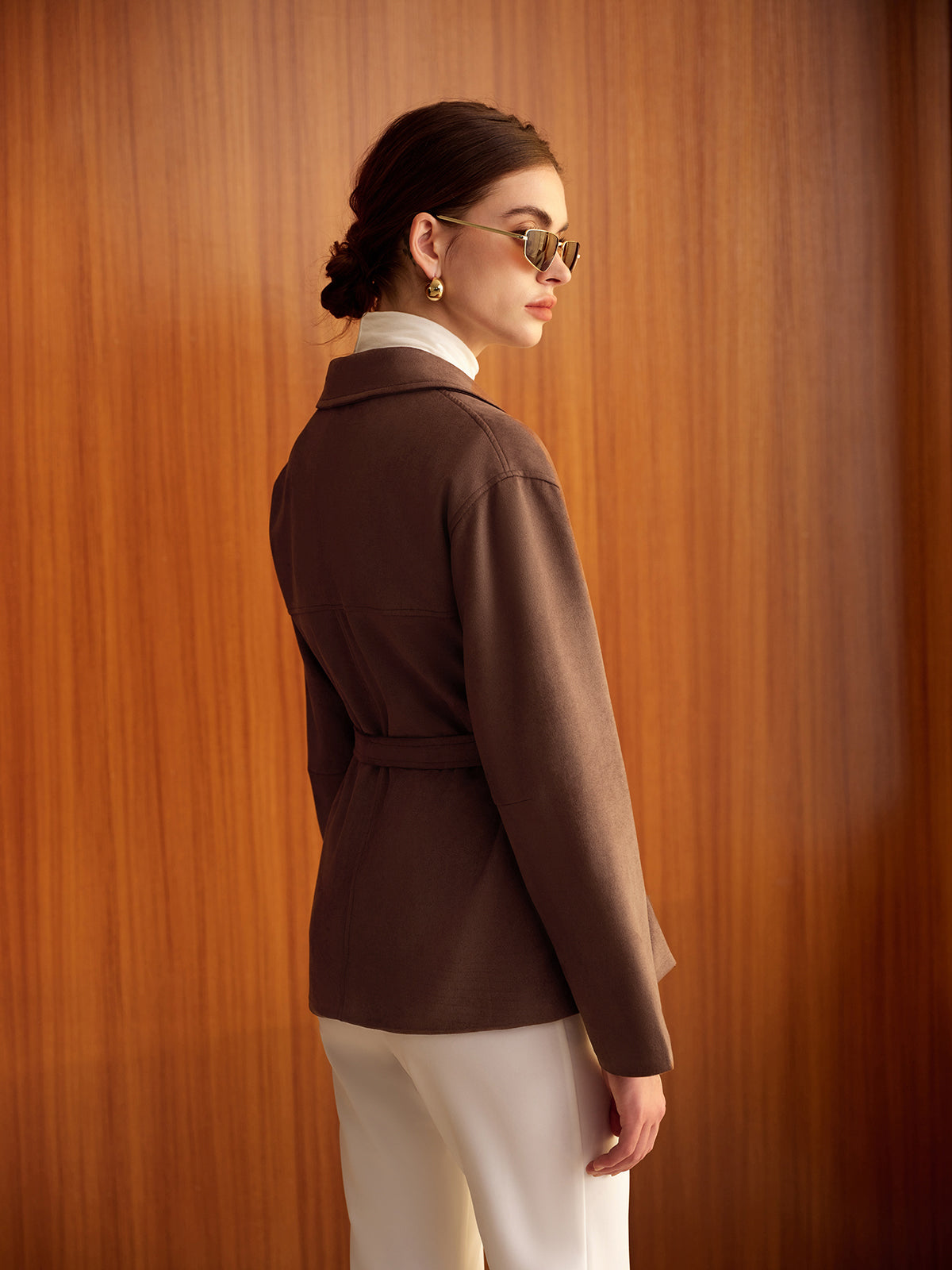 Belted Suede Effect Polo Jacket