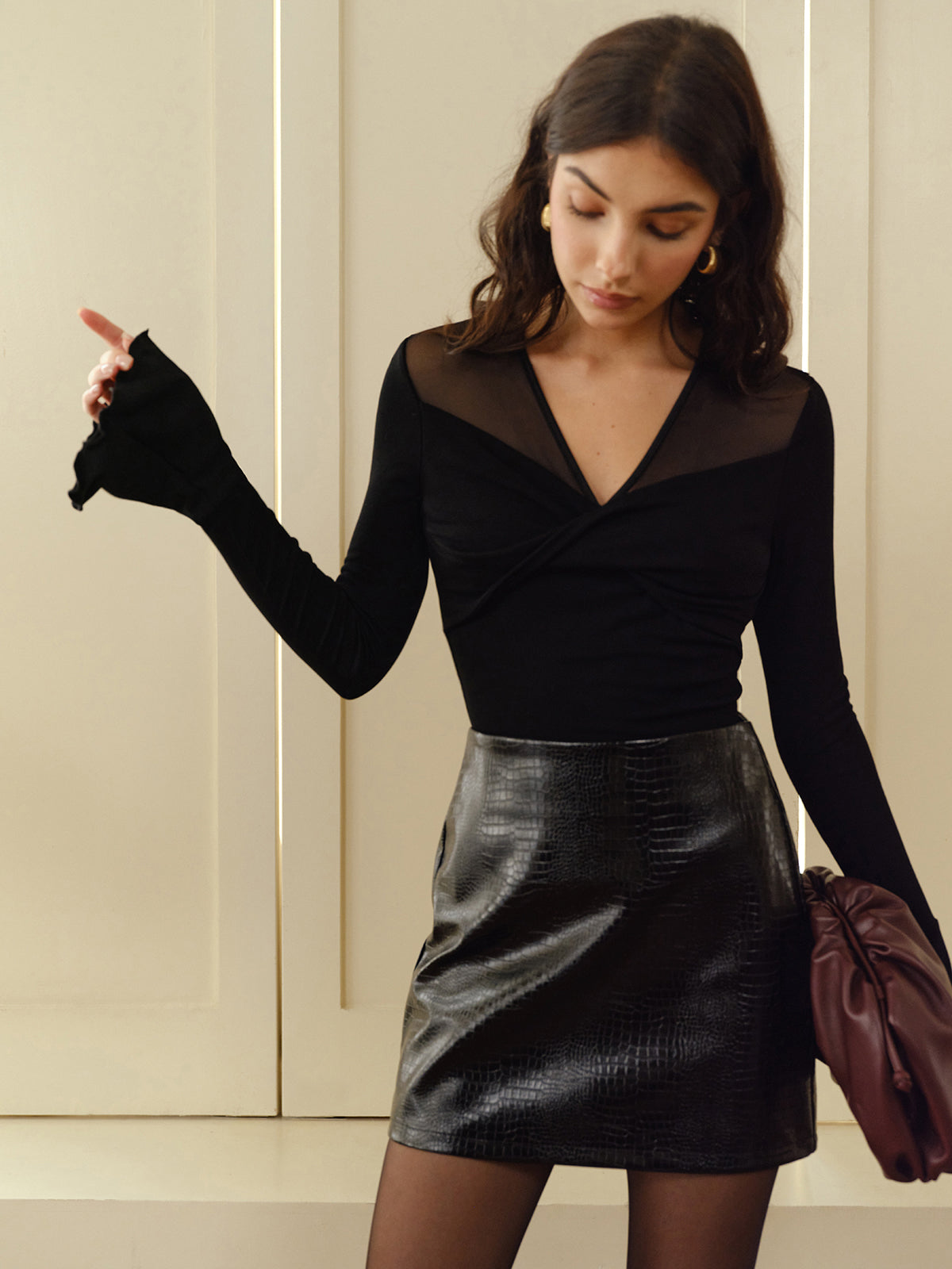 Semi-Sheer V-Neck Mesh Panel Top