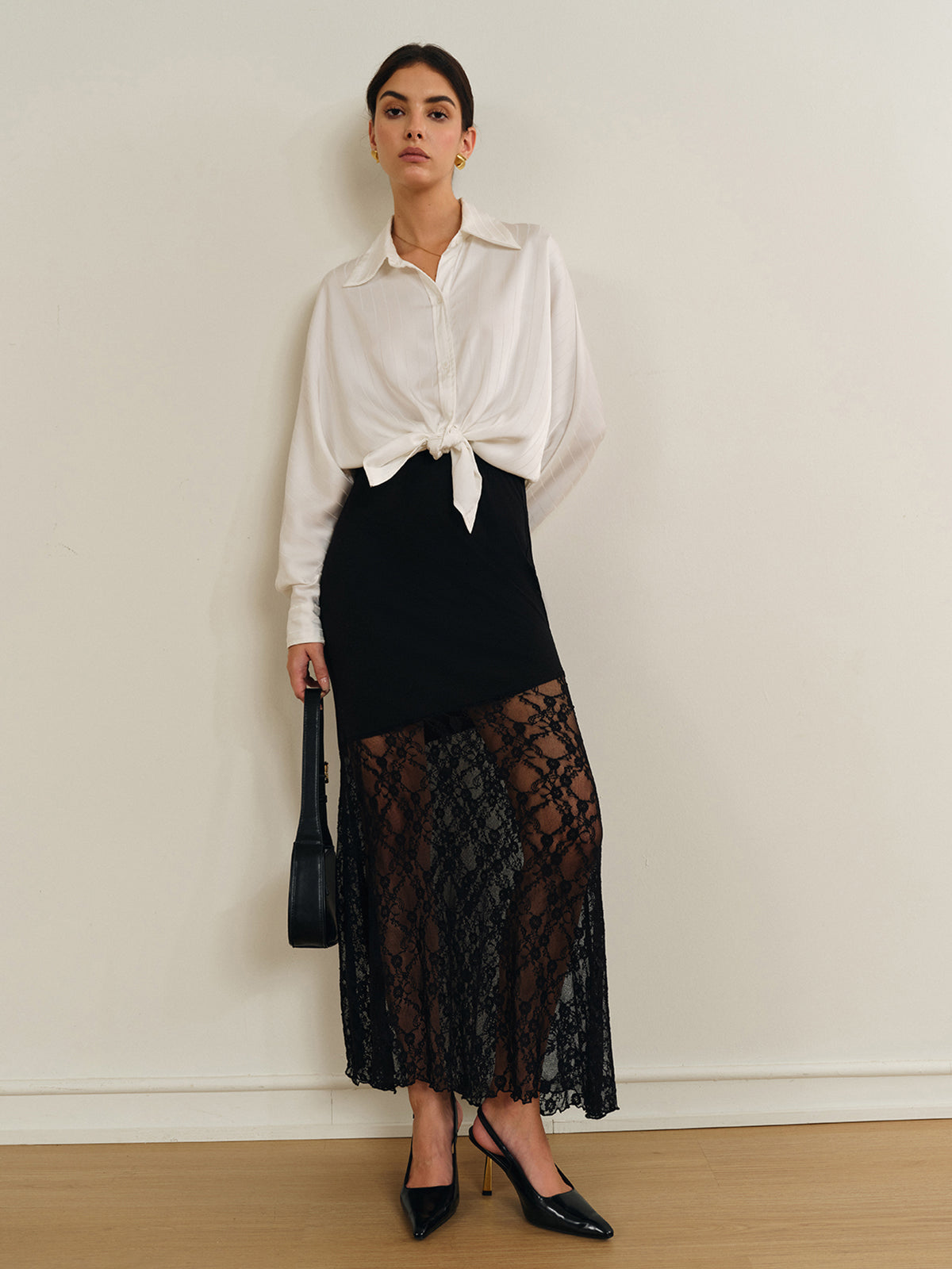 Semi-Sheer Lace Panel Jersey Skirt