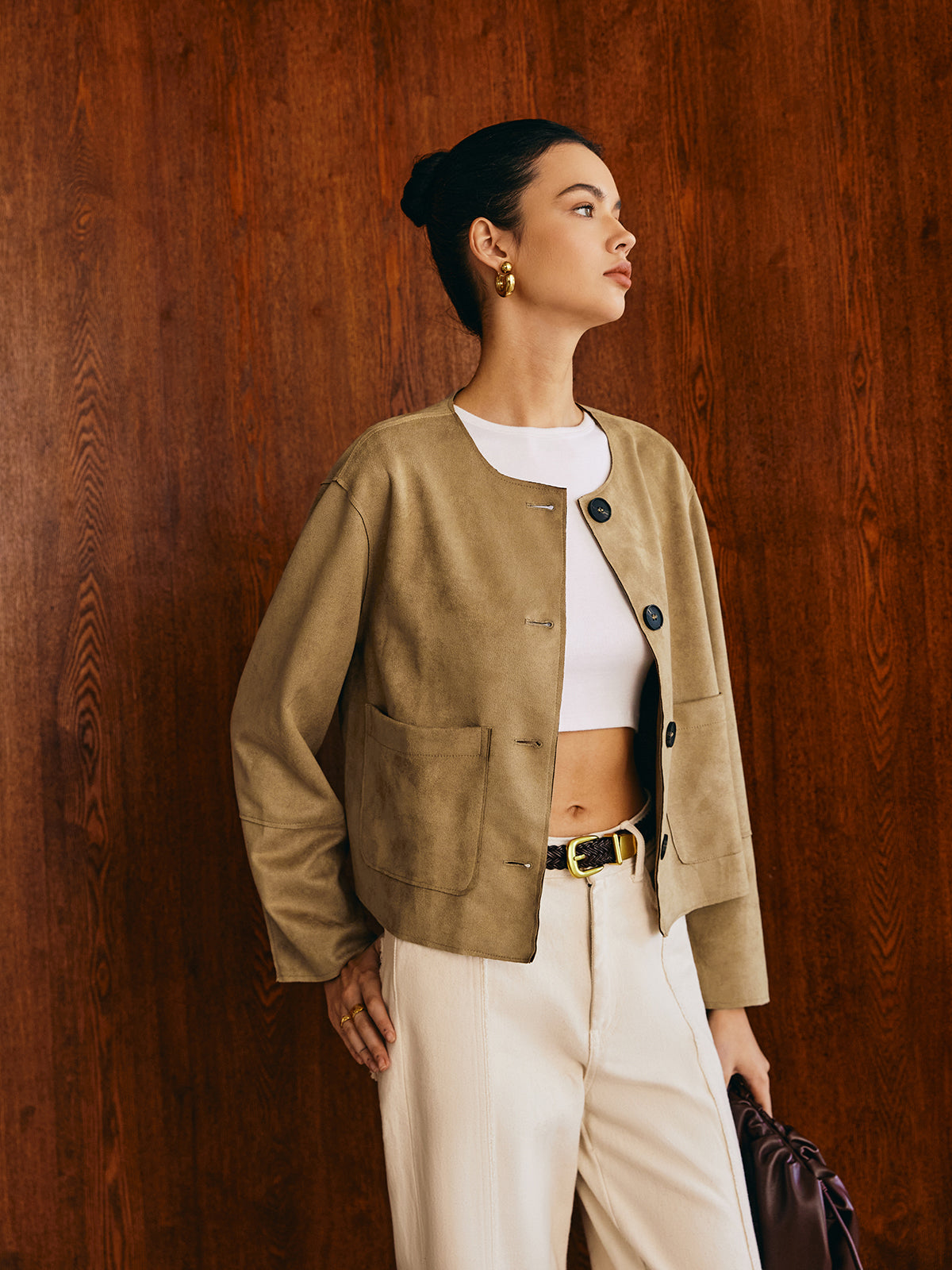 Large Pockets Breasted Suede Effect Jacket