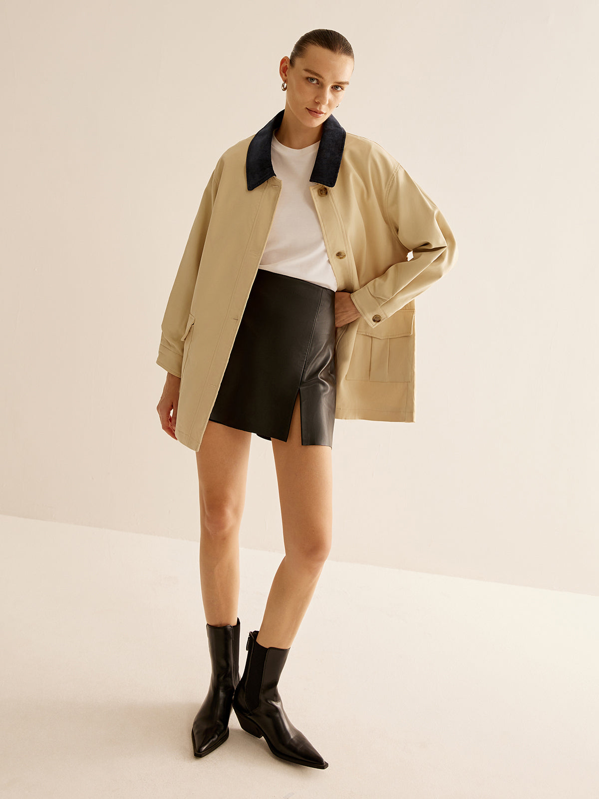 Oversized Cotton Contrast Collar Button Jacket