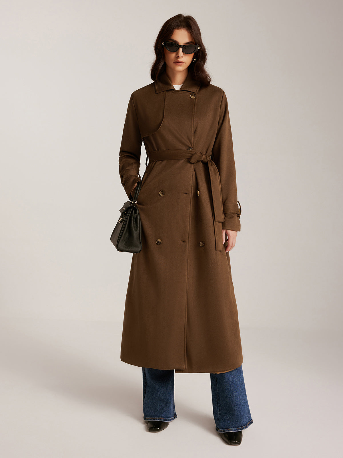 Suede Effect Belted Button Long Trench Coat