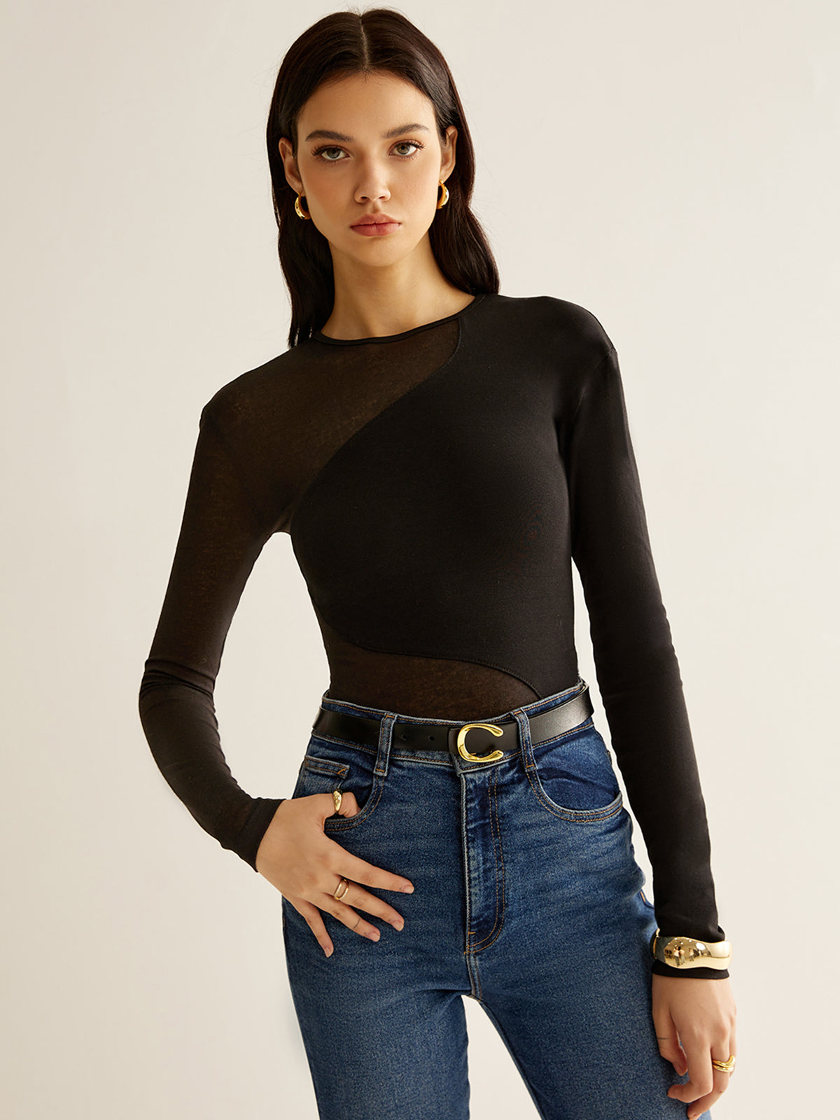 Plain Jersey Sheer Panel T-Shirt
