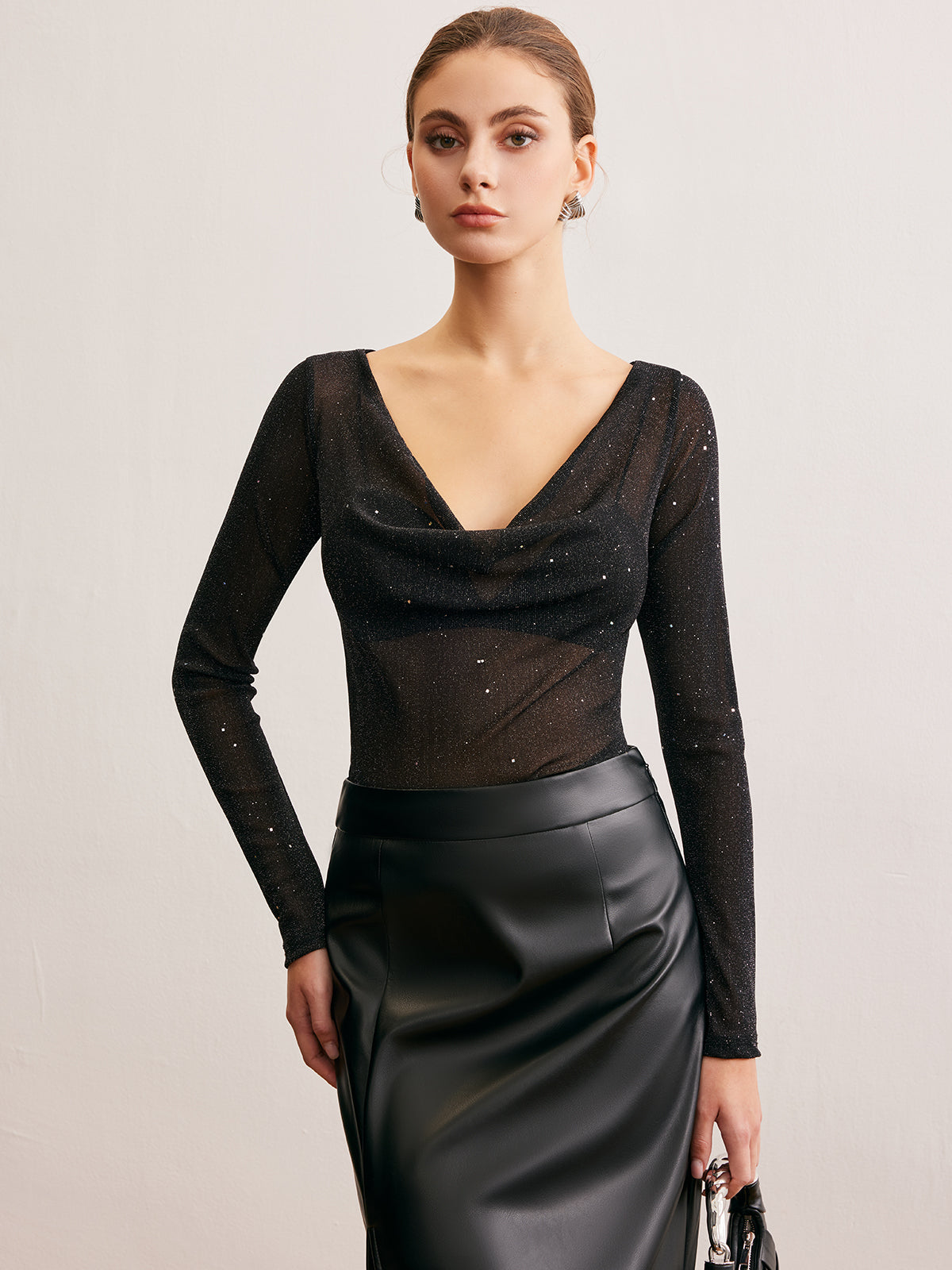 Semi-Sheer Cowl Neck Sequins Thin Blouse