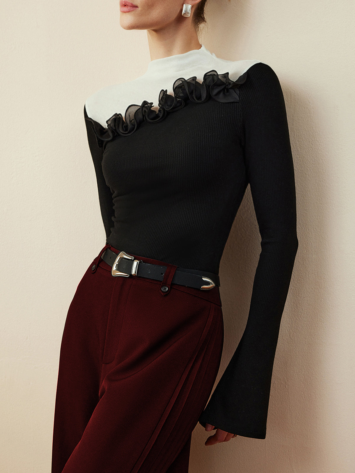 Romance Stand Collar Ruffle T-Shirt