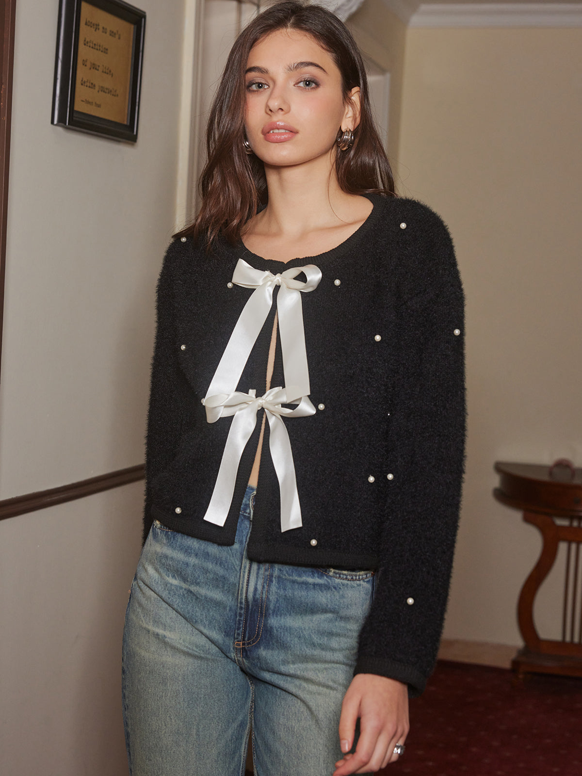 Haut en maille à nœud décoratif perlé 