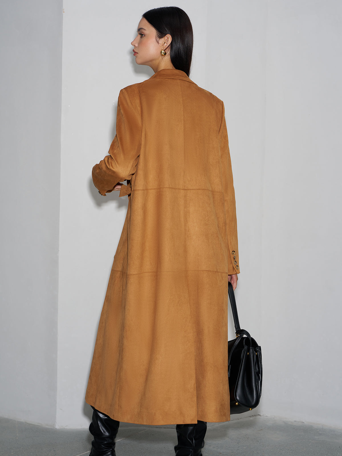 Suede Effect Button Long Blazer