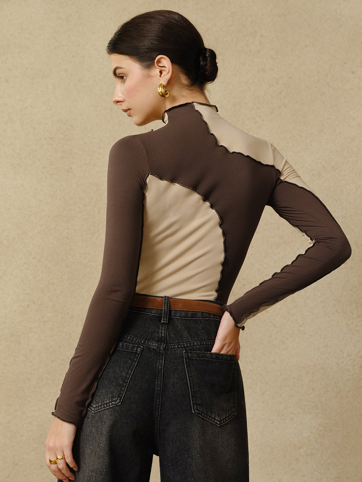 Semi-Sheer Color Block Lettuce Trim Jersey Top