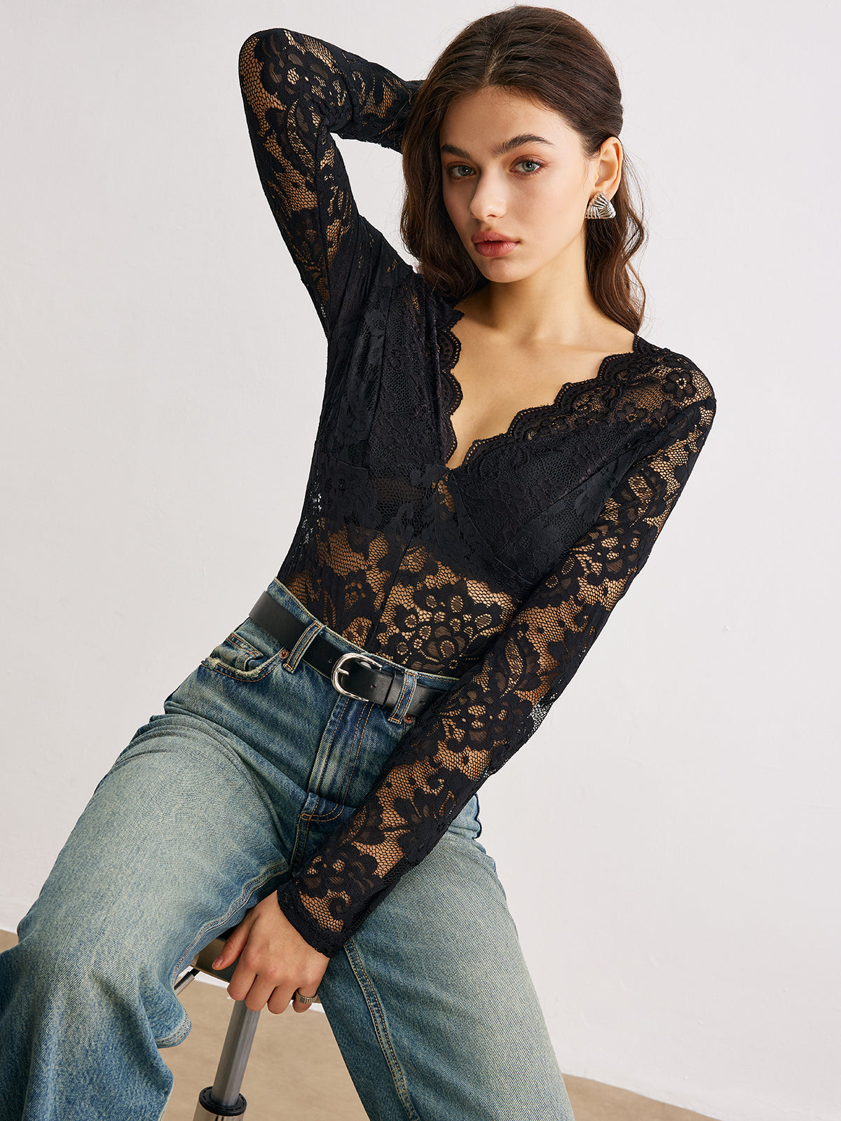 Wave Trim Sheer Lace Panel Bodysuit