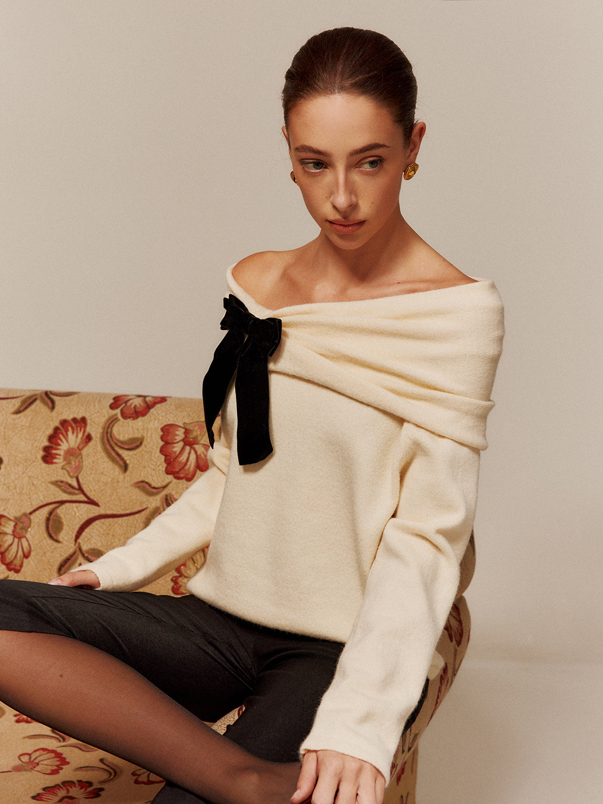 Velvet-Bow Off-Shoulder Ruched Sweater