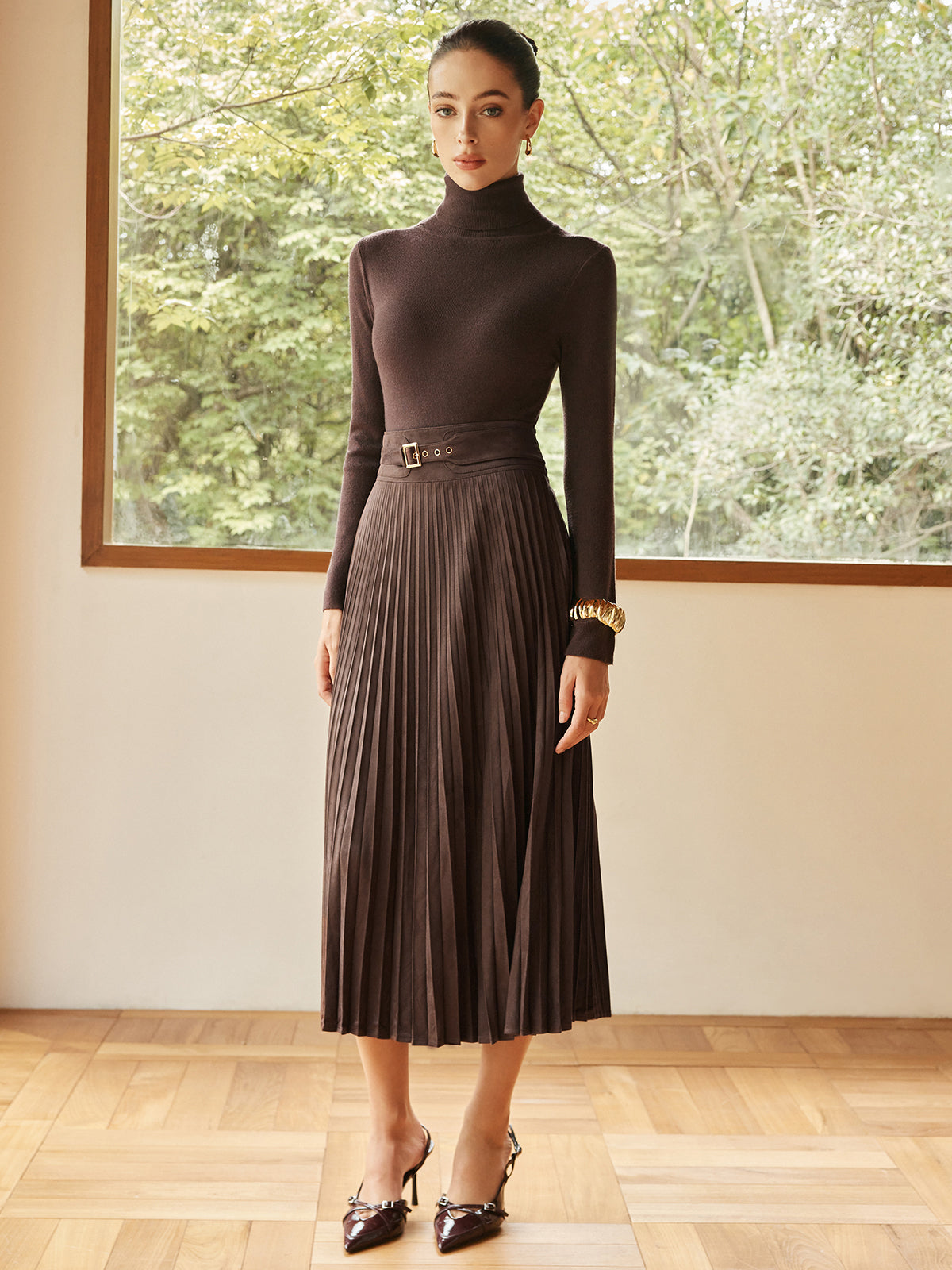 Pleated Suede Effect Skirt