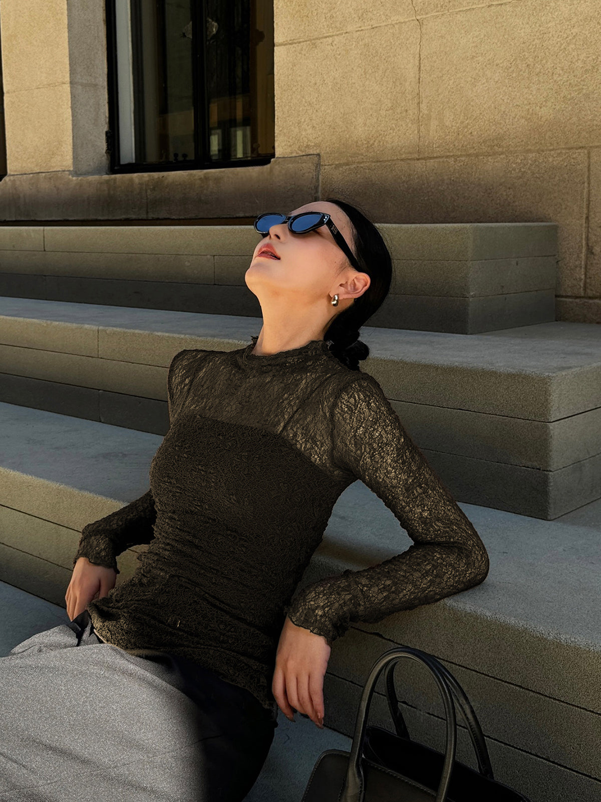 Semi-Sheer Lace Panel Jersey Two-Piece T-Shirt