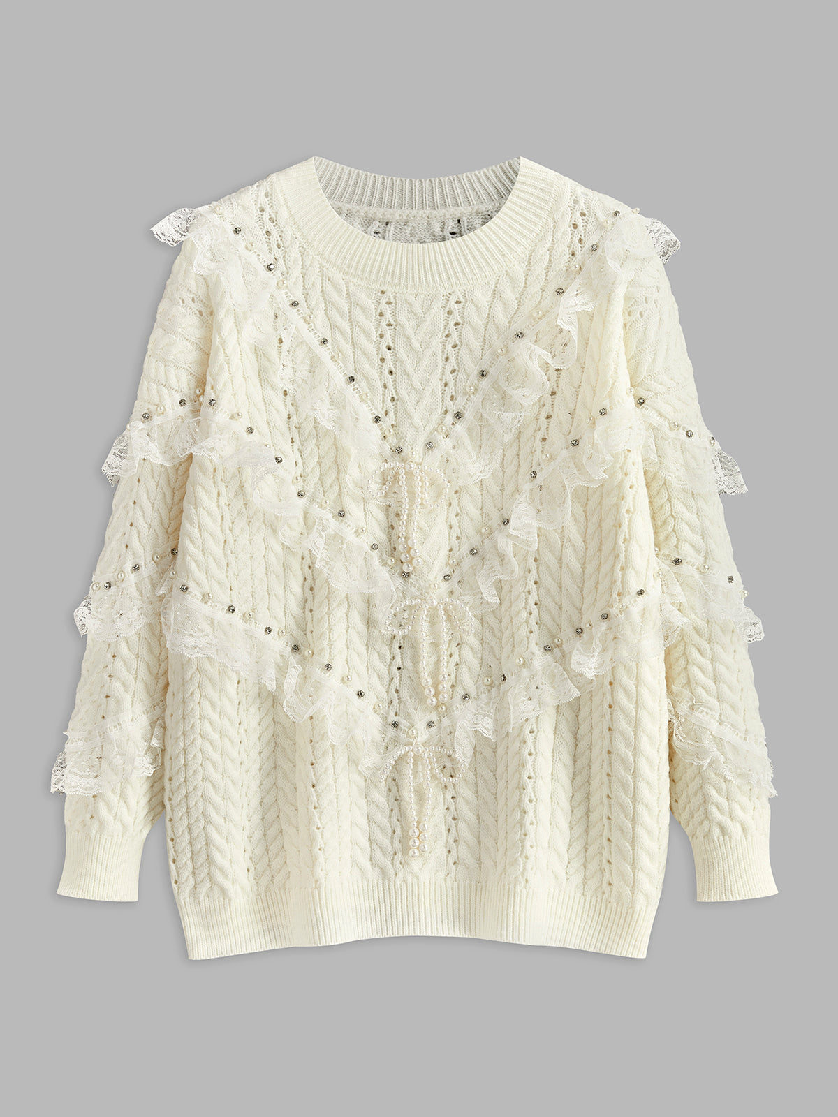 Romantischer Pullover mit Spitzenbesatz und Perlen 