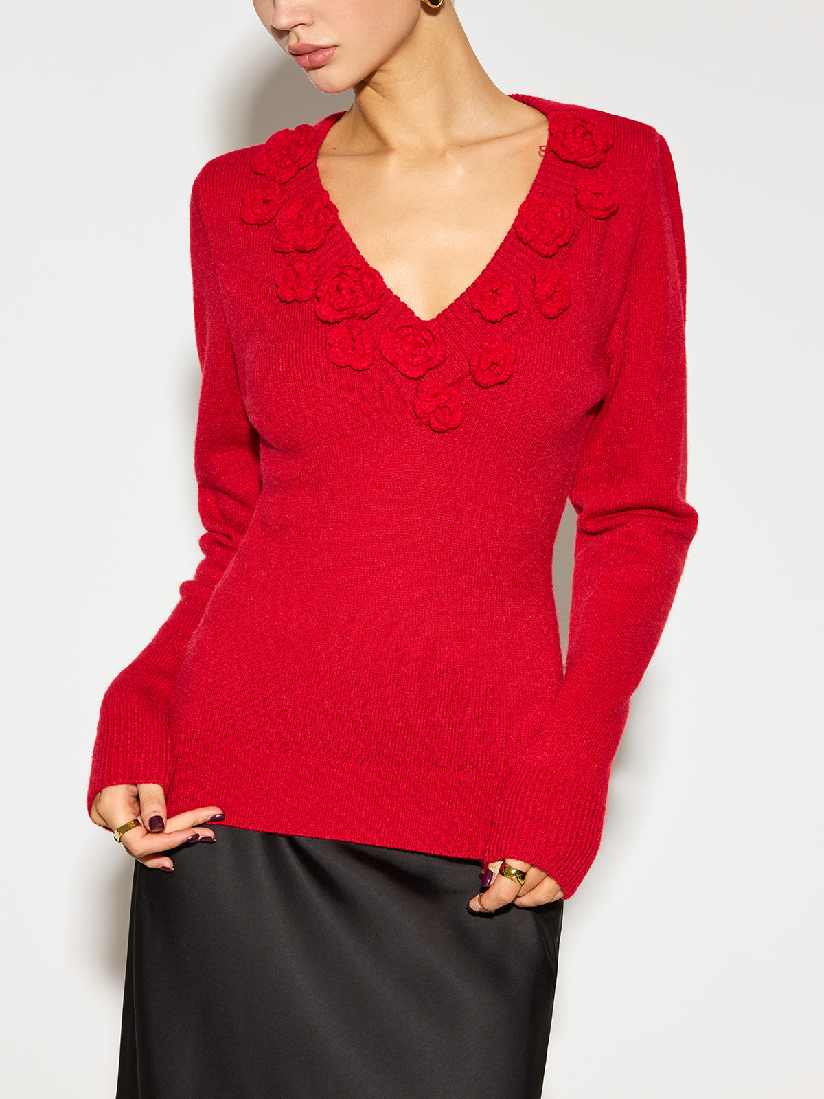 V-Ausschnitt 3D-Blumen-Stricktop 