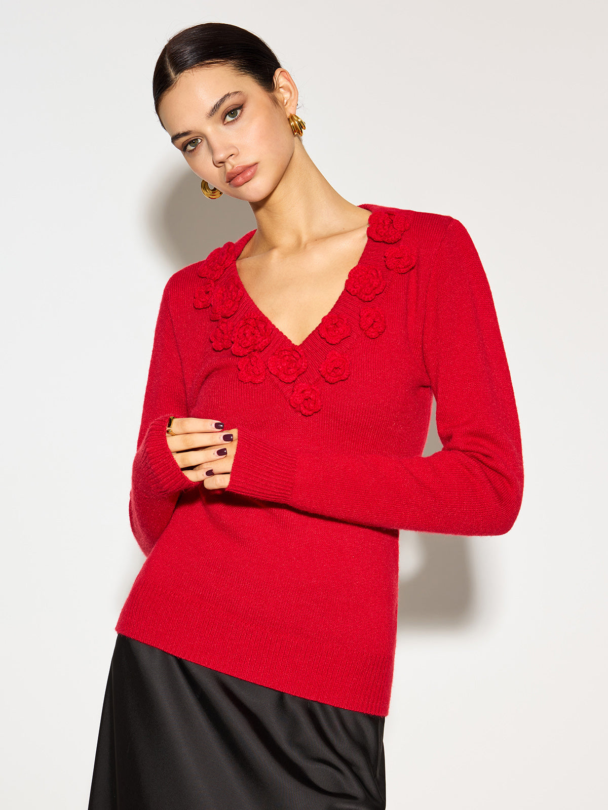 V-Ausschnitt 3D-Blumen-Stricktop 