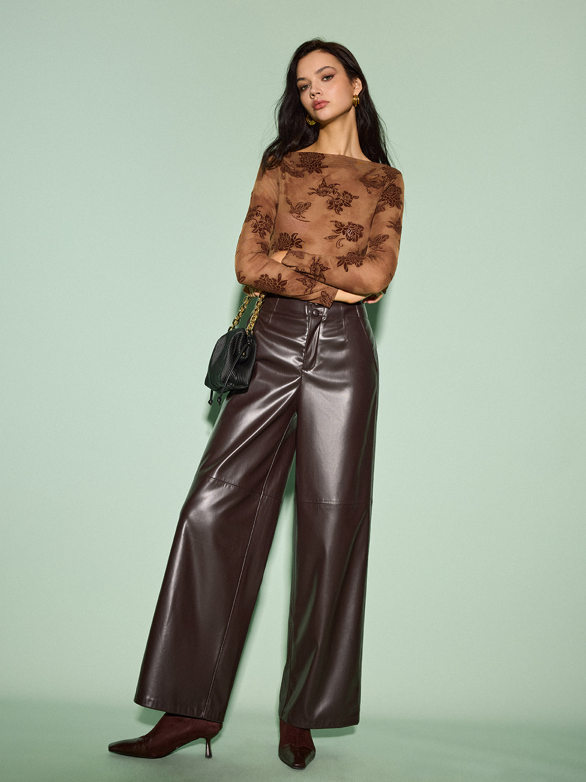 Semi-Sheer Straight Neck Velvet Floral T-Shirt