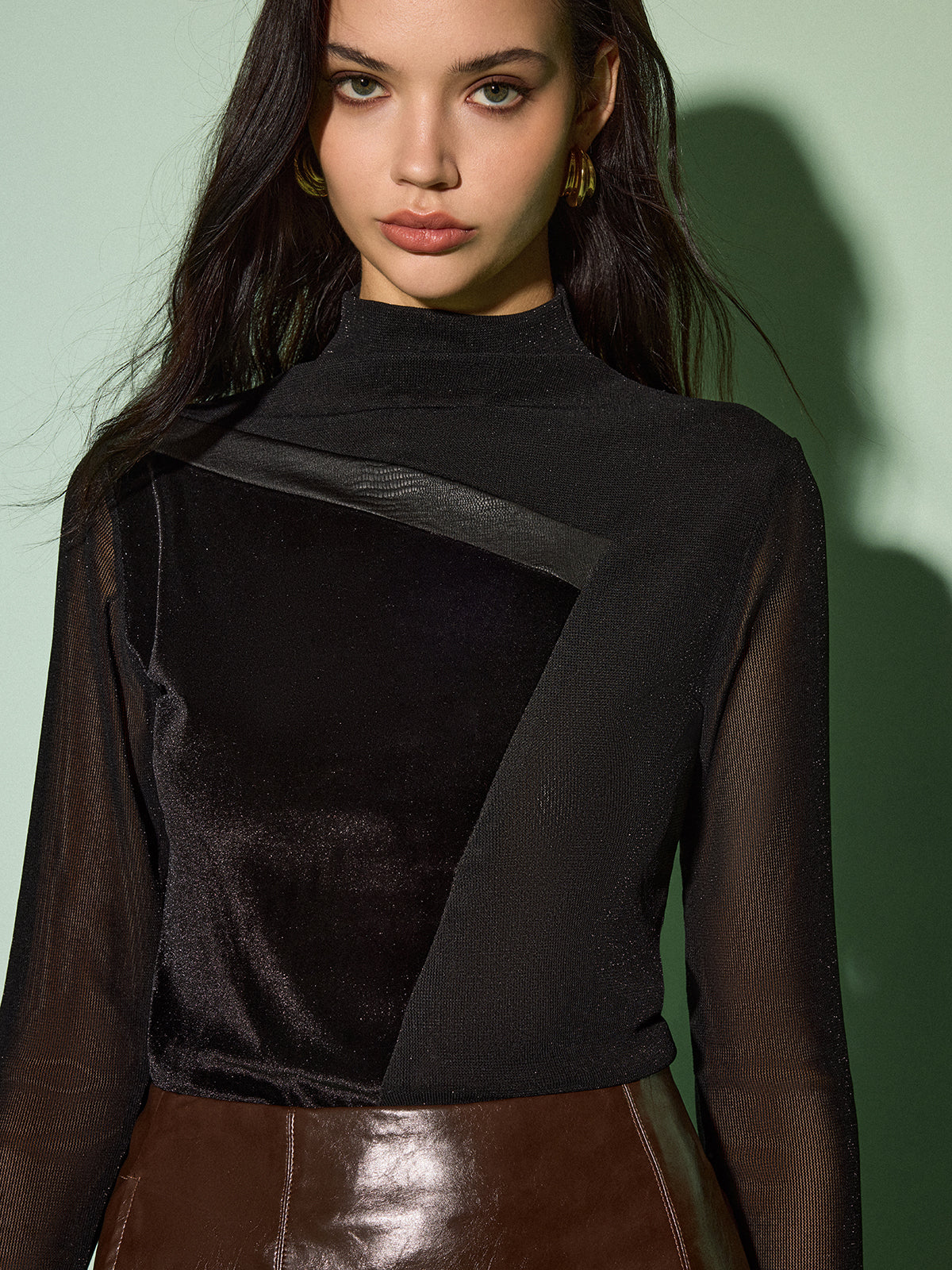 Semi-Sheer Mock Neck Velvet Mesh Slim Top