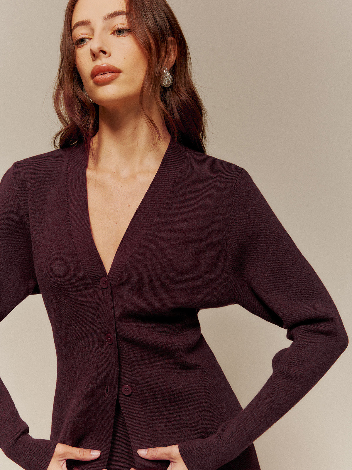 Wool-Blend V-Neck Button Cardigan