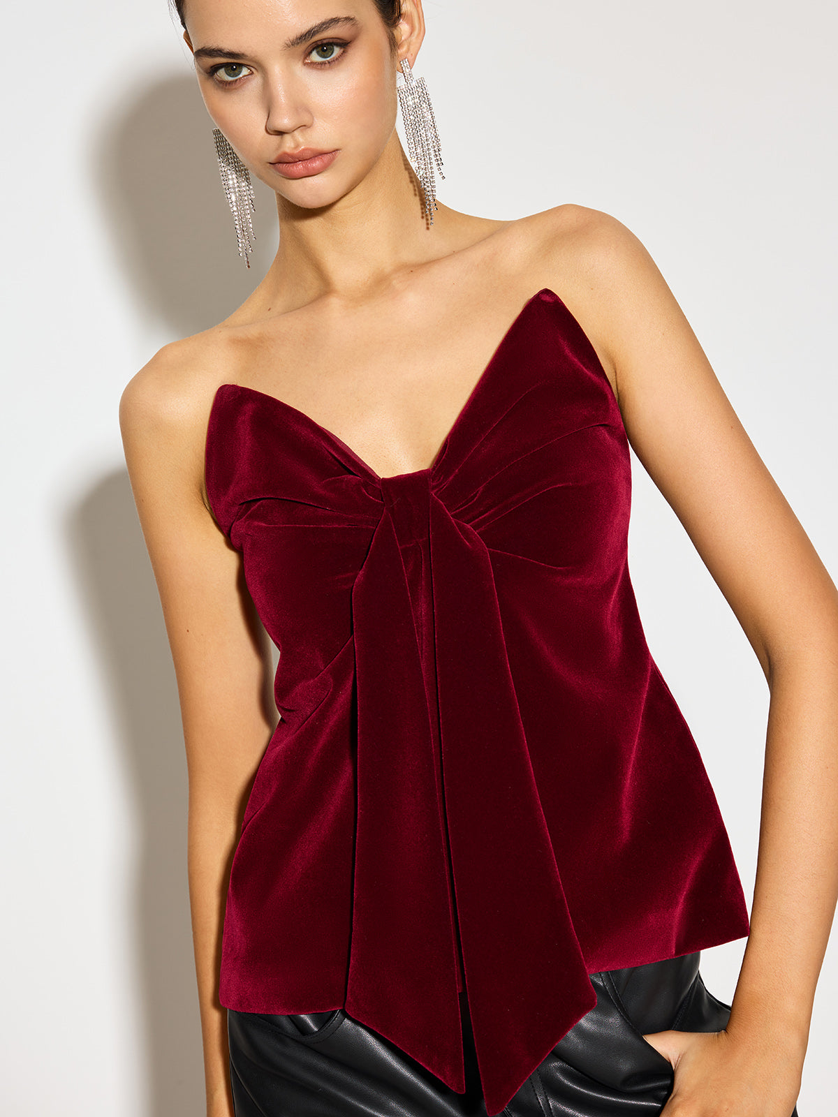 Bow Front Velvet Zipper Tube Top