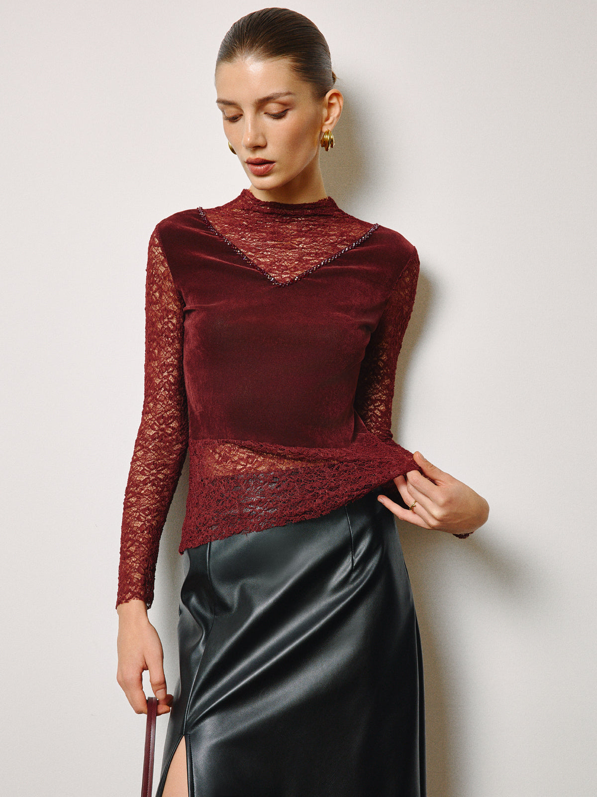 Semi-Sheer Rhinestone Velvet Panel Lace Slim Top