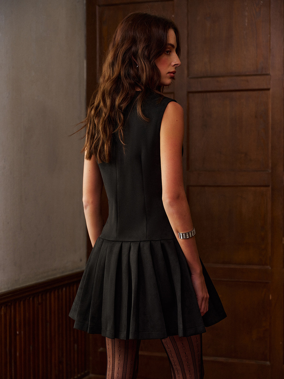 V-Neck Suede Effect Pleated Tank Short Dress