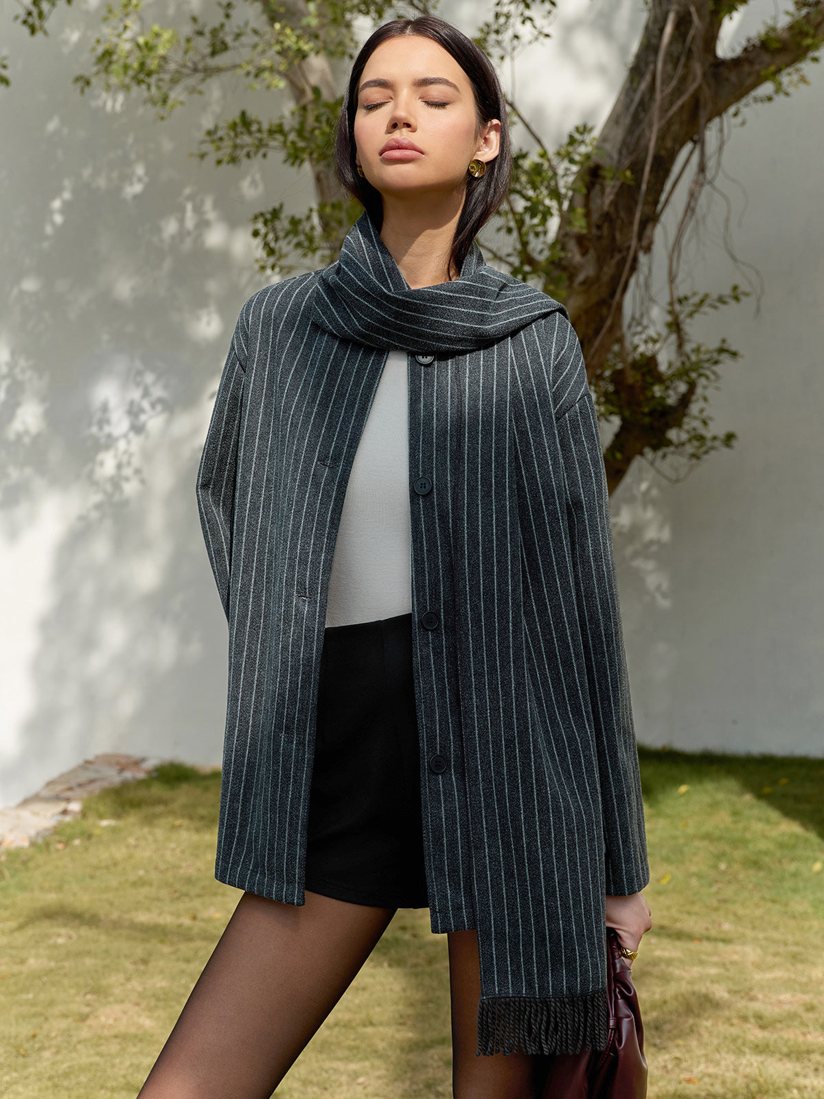 Pinstripe Button Blazer With Matching Tassel Scarf