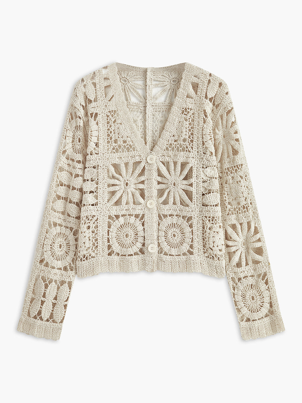 Gehäkelte quadratische Strickjacke mit Knopfleiste