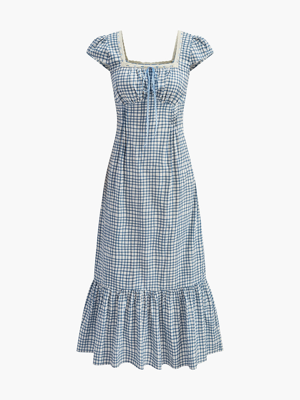 Robe à carreaux imprimée avec empiècement en dentelle