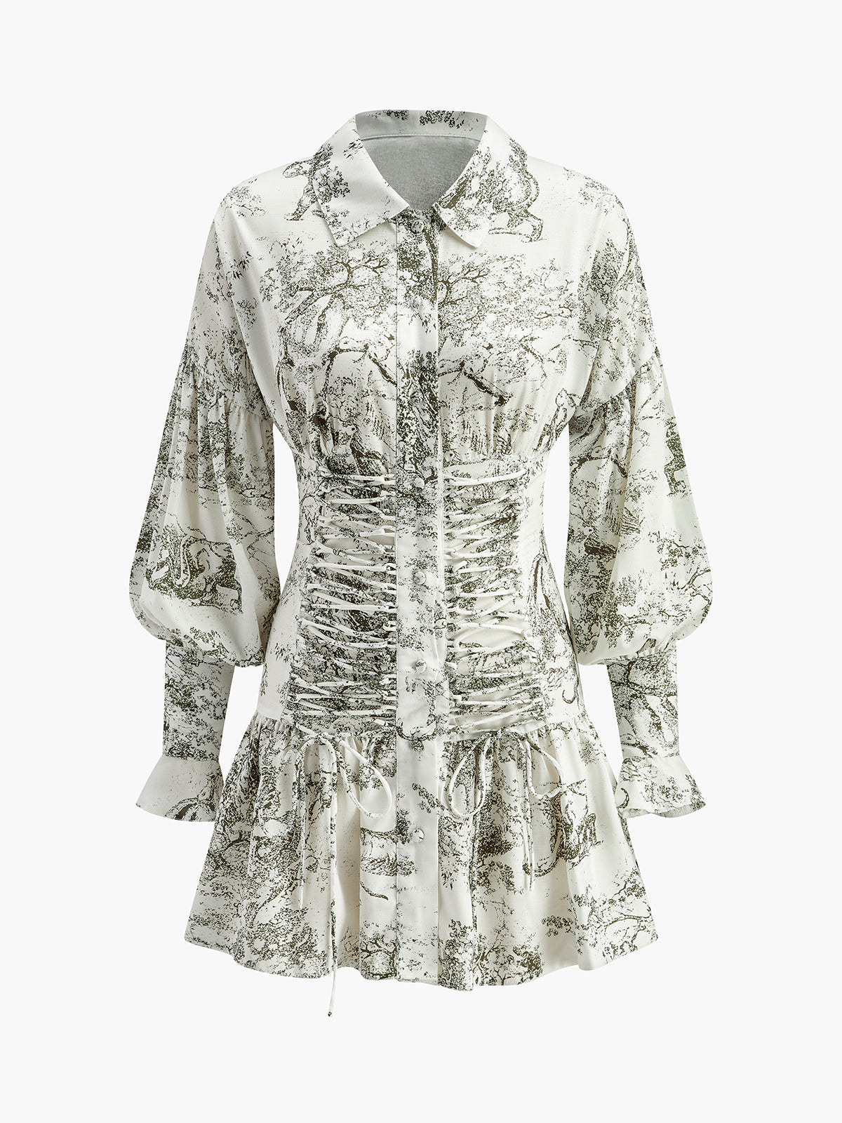 Kleid mit Kordelzug vorne, geblümt, Puffärmel 