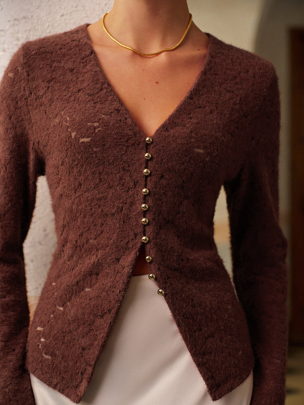 Semi-Sheer V-Neck Split Lace Blouse