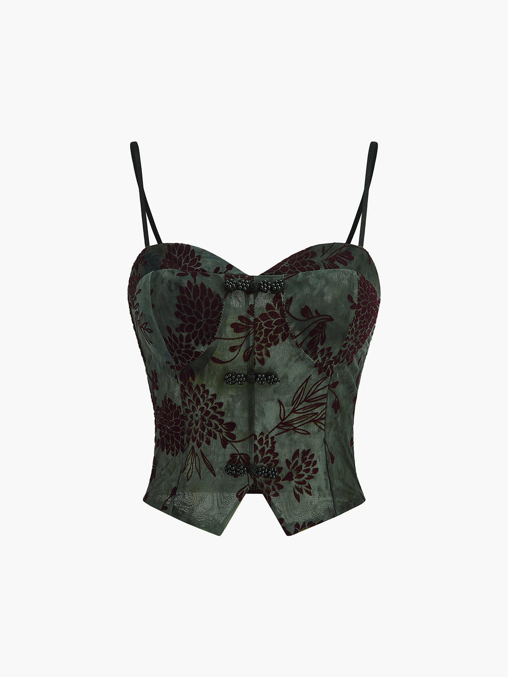 Semi-Sheer Button Detail Velvet Floral Cami Top