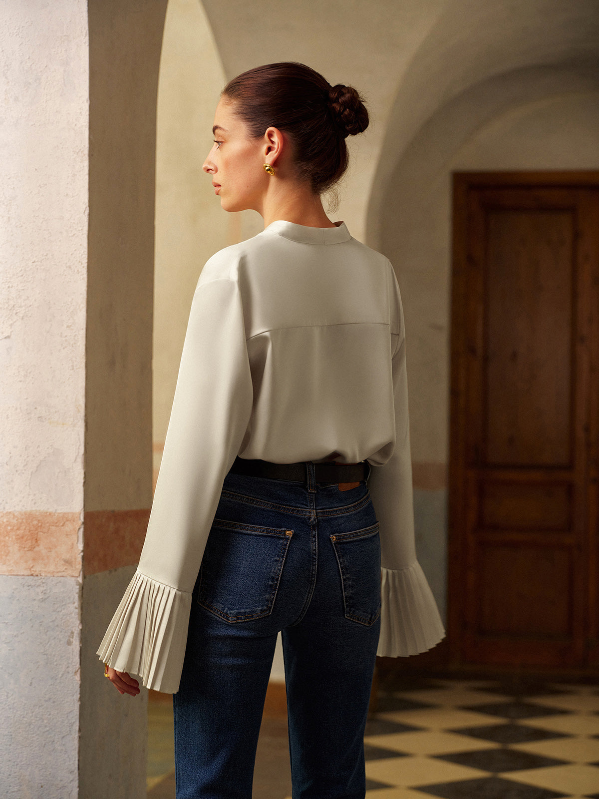 V-Neck Satin Pleated Blouse With Ribbon