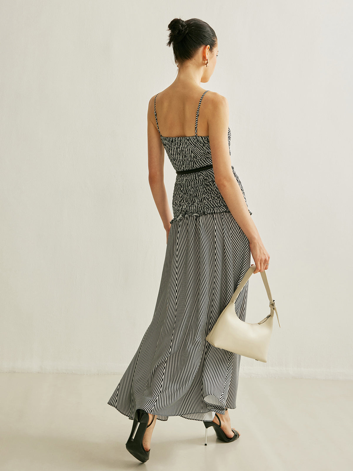 Shirred V-Neck Sleeveless Pleated Dress