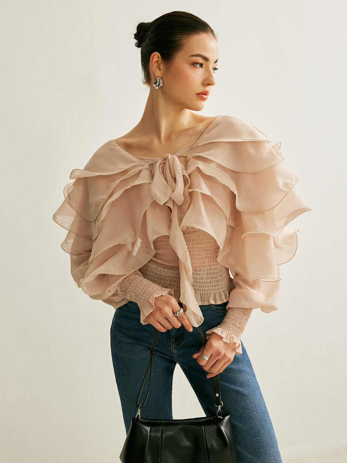 Halbtransparente Chiffon-Rüschen-Neckholder-Oberteil