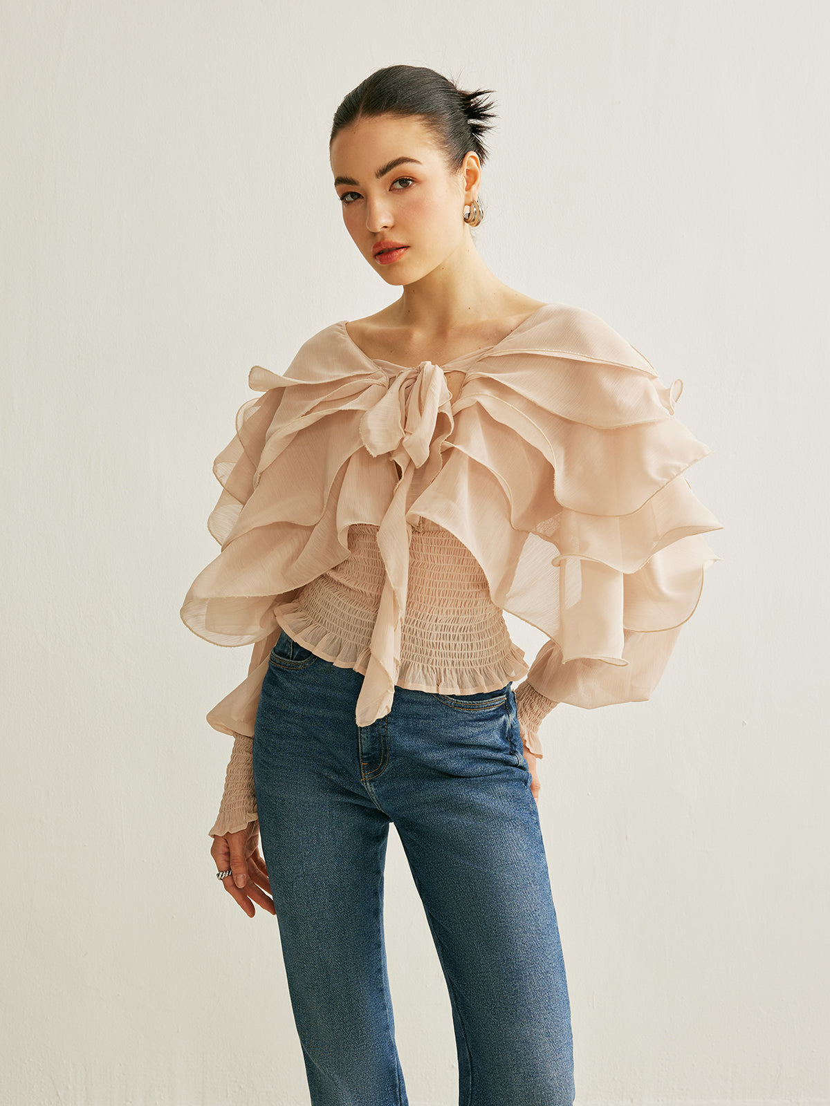 Semi-Sheer Chiffon Ruffle Backless Top