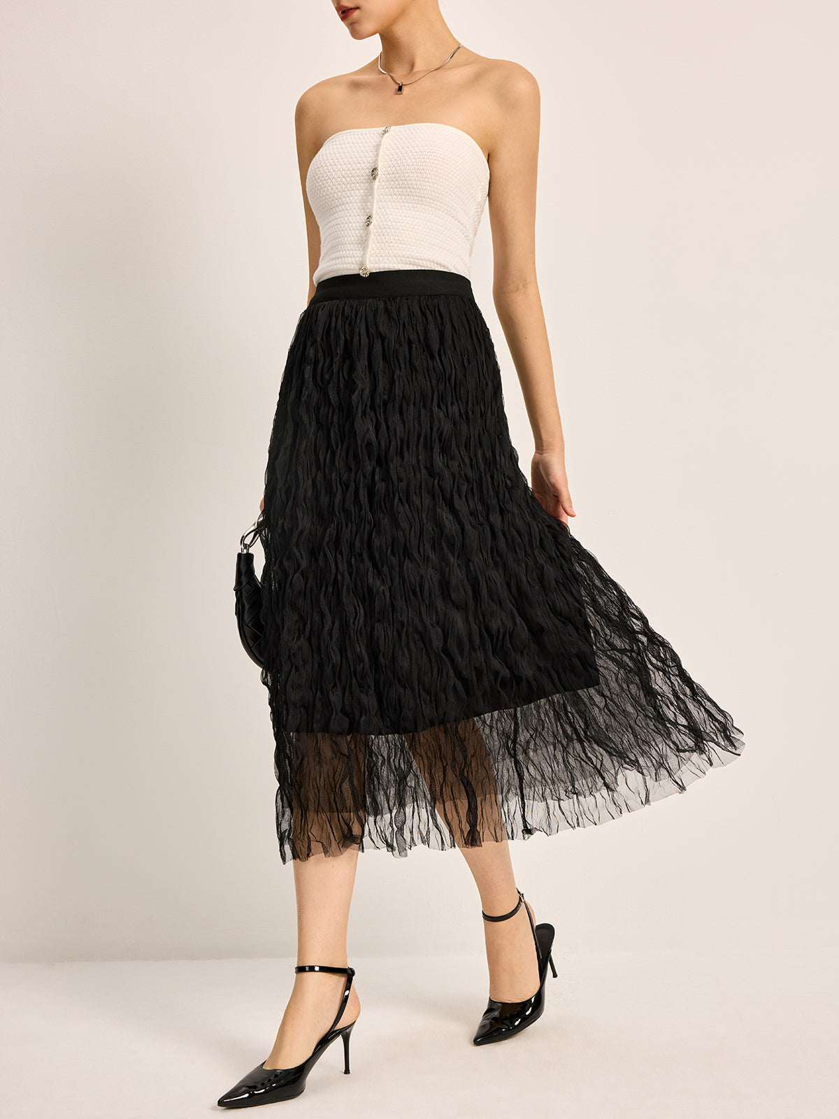Jupe midi plissée en tulle 