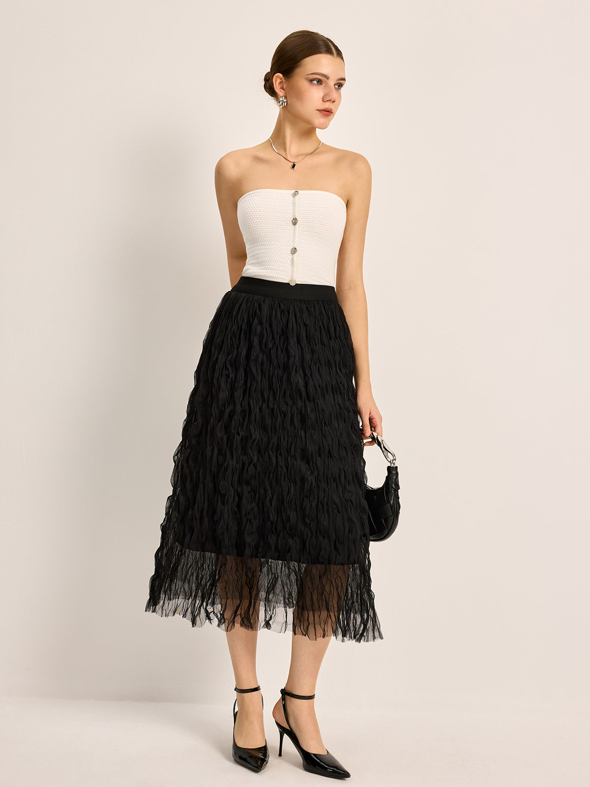 Jupe midi plissée en tulle 