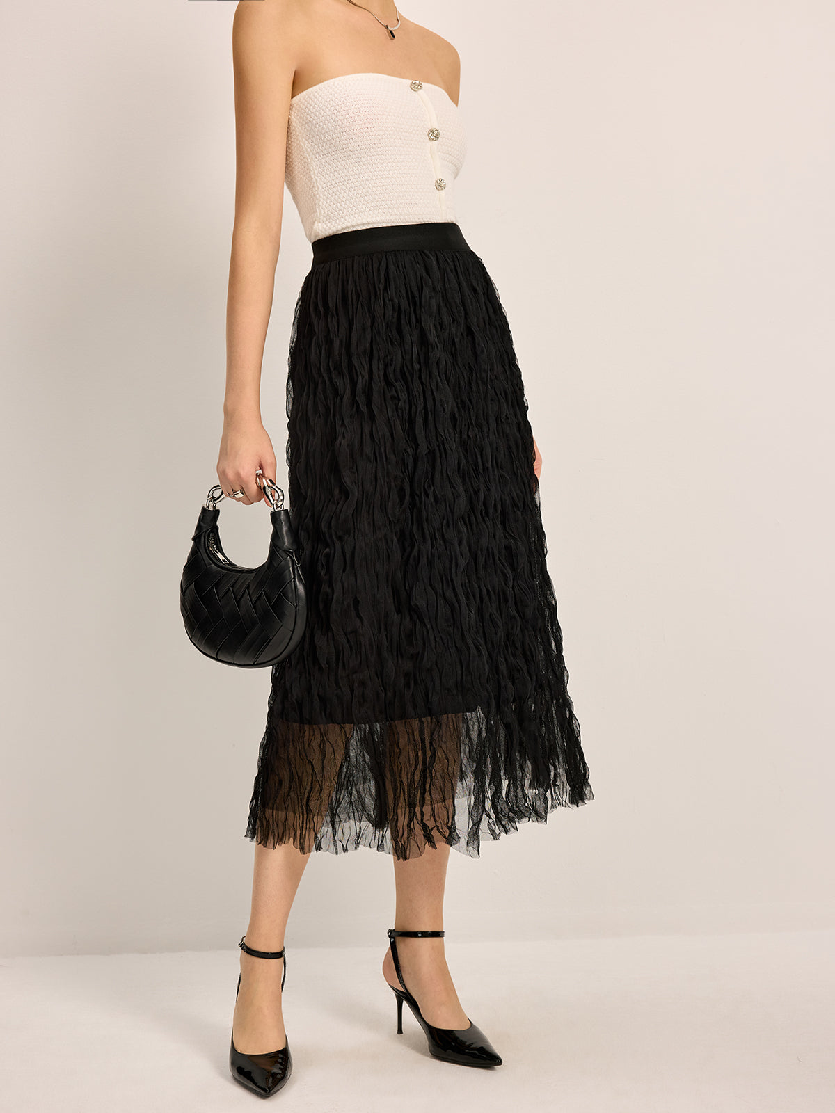 Jupe midi plissée en tulle 