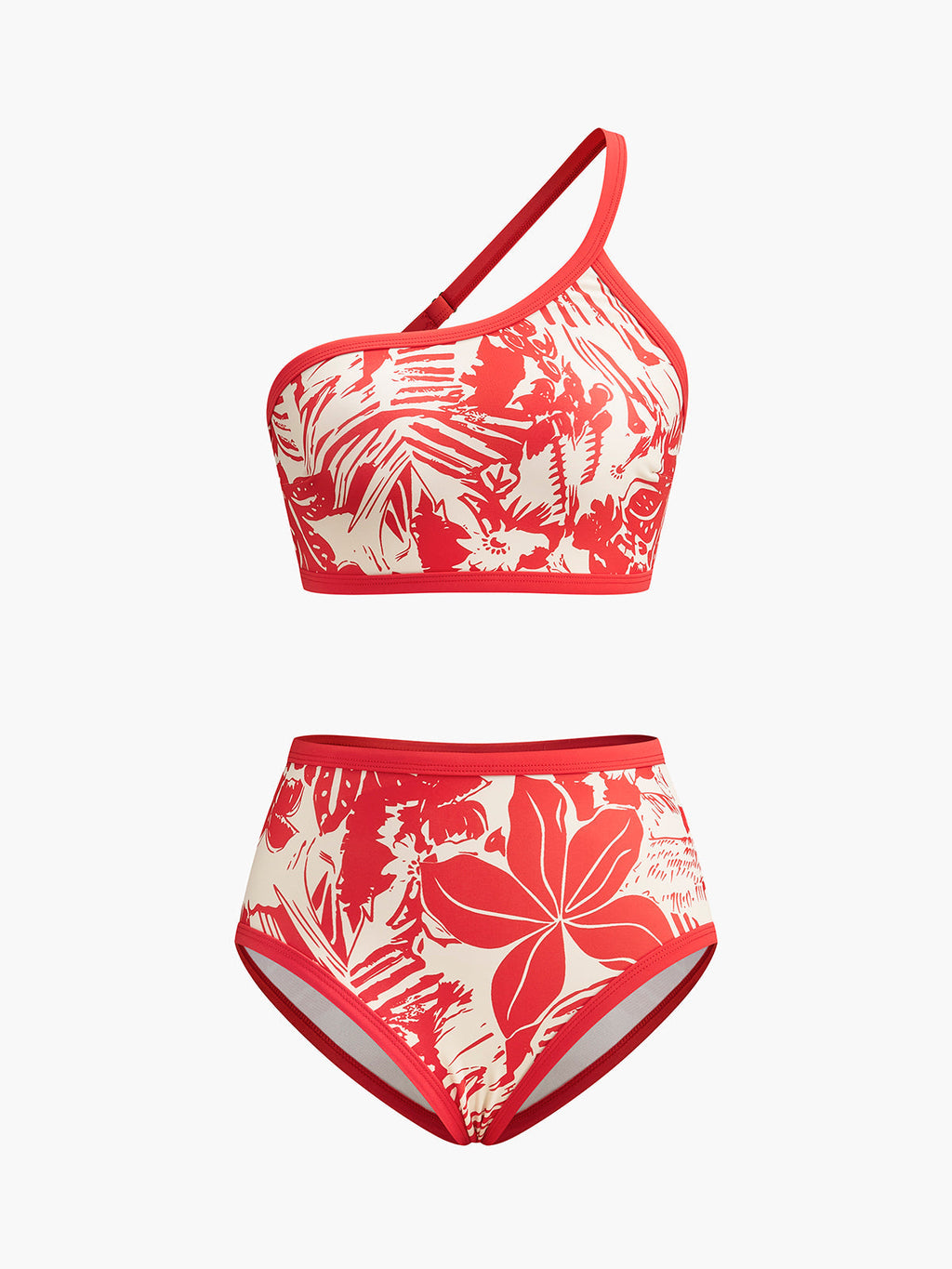 One-Shoulder Tropical Print Bikini Set