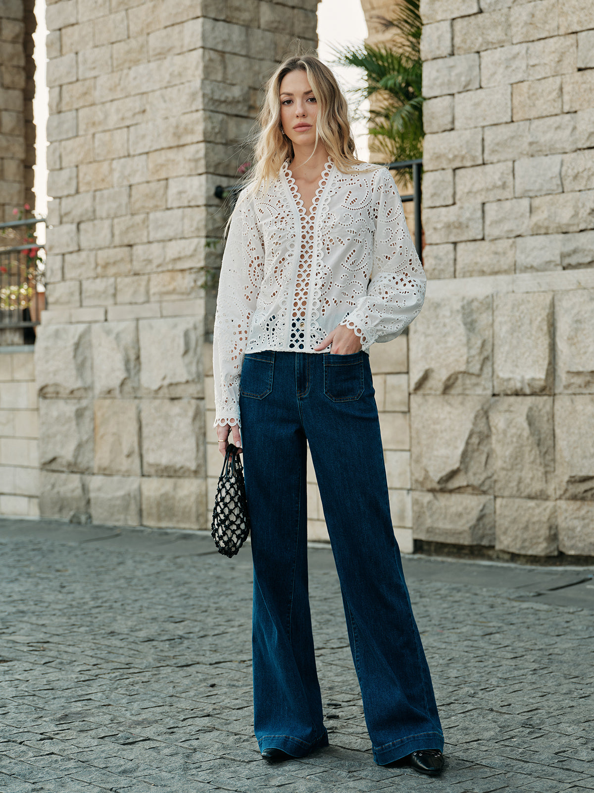 Semi-Sheer Embroidery Hollow-Out Detail Top