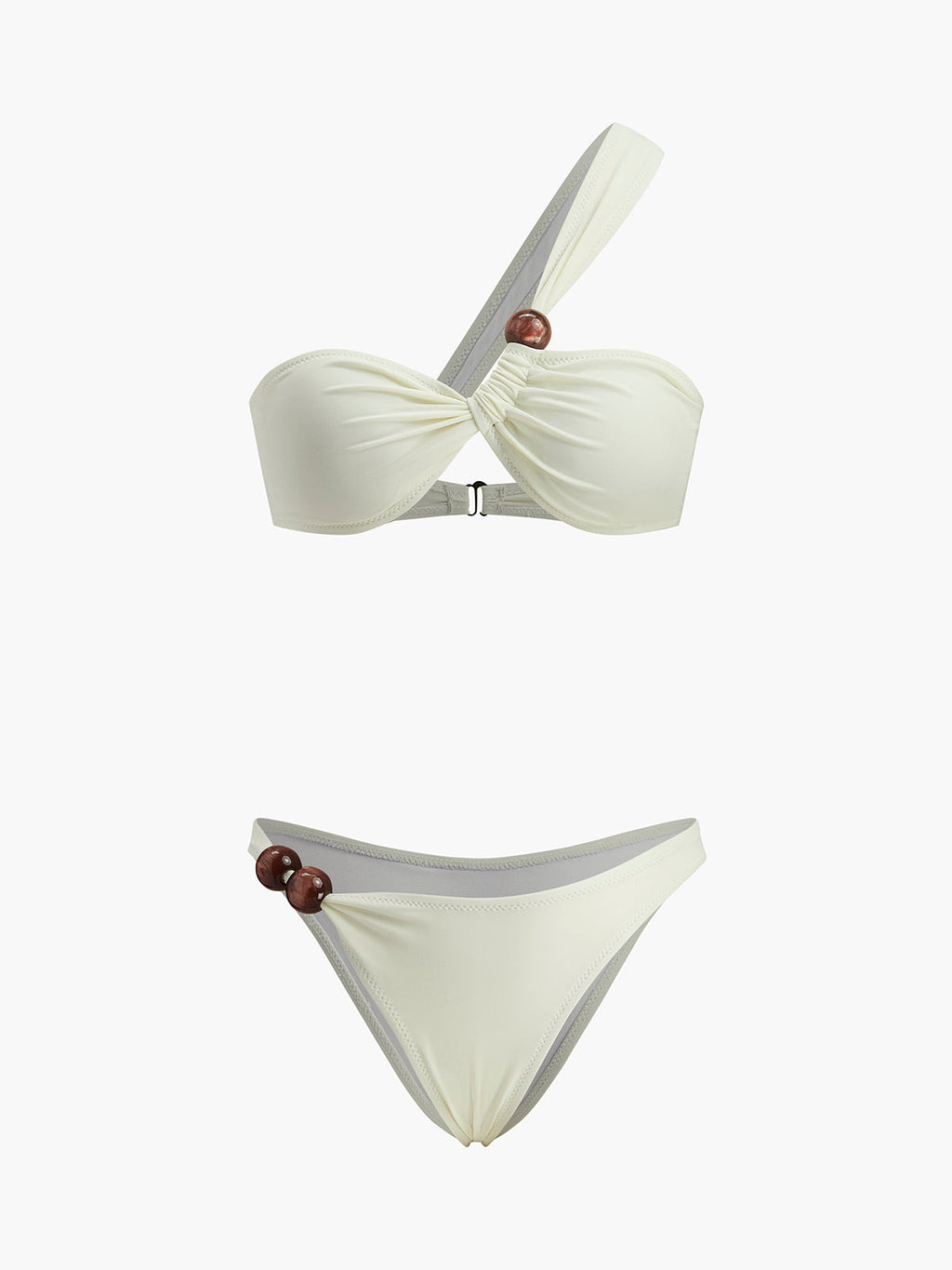 Wood Bead Detail One-Shoulder Bikini Set