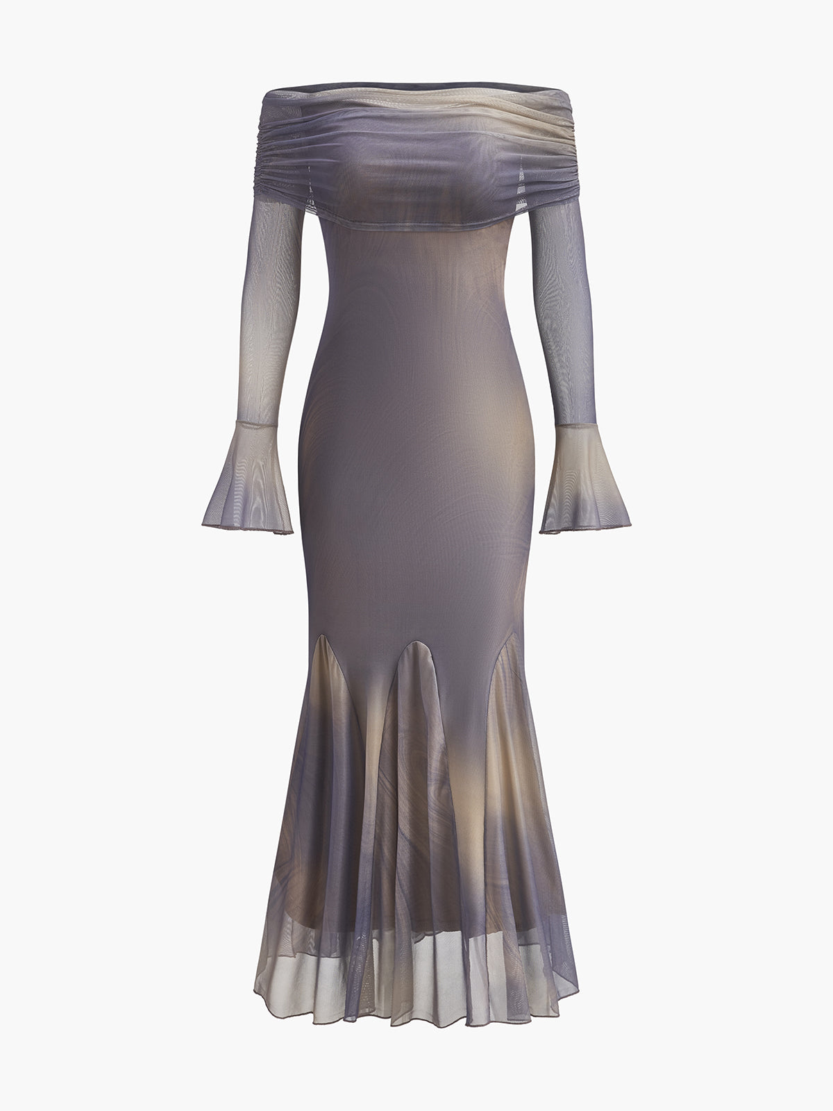 Halbtransparenteres schulterfreies Kleid mit ausgestellten Ärmeln
